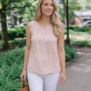 Cottagecore Lace Panel Sleeveless Blouse Blush Pink Feminine Top